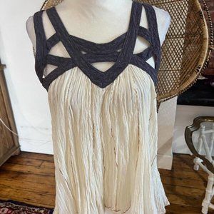 Free People White with Navy Straps Top with glitter accents size small